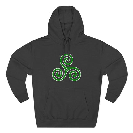 Green Celtic Triskelion triple spiral symbol on a black pullover hoodie.