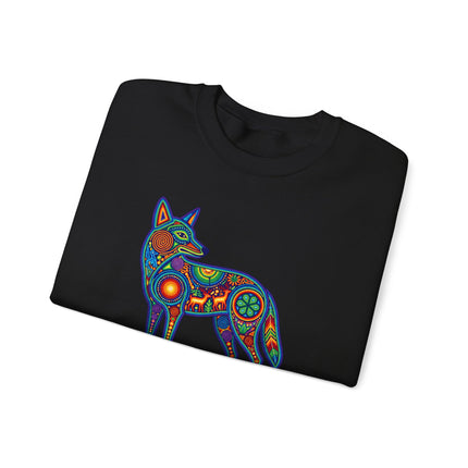 Vibrant Huichol coyote symbol graphic on a Mexican folk art style sweatshirt.