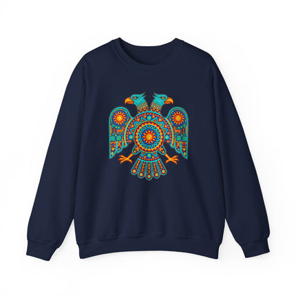 Vibrant two-headed eagle graphic in Huichol style, printed on a navy pullover sweatshirt.