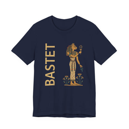 Bastet Egyptian goddess graphic tee featuring the cat deity with ankh and lotus flowers.
