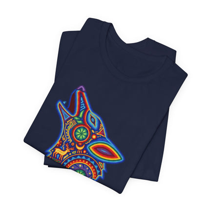 Vibrant Huichol art howling wolf graphic tee featuring Mexican folk art and psychedelic style.