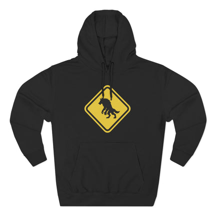 Werewolf warning sign graphic on a black unisex pullover hoodie.