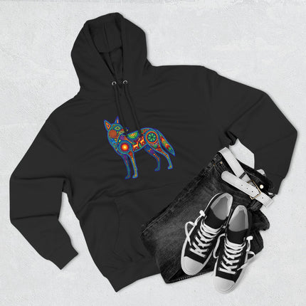 Huichol Coyote Hoodie | Colorful Indigenous Mexican Folk Art Pullover Hoodie