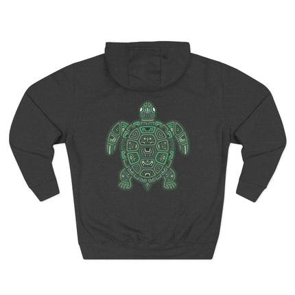 Boho geometric tribal sea turtle art print on a dark pullover hoodie.