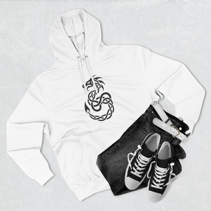 Celtic dragon knotwork graphic on a white pullover hoodie. Mythological creature art design.