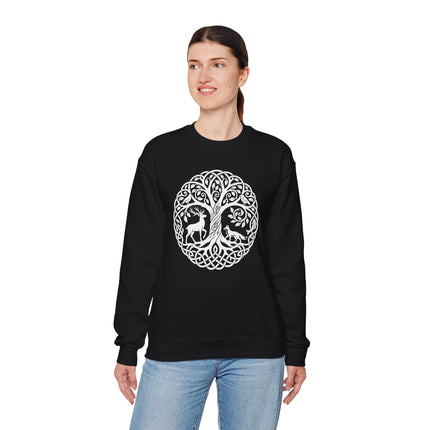 Celtic knotwork sweatshirt featuring a Tree of Life design with deer and fox woodland animals.