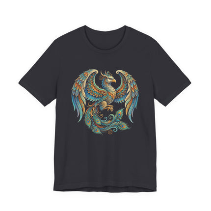 Ornate Homa Bird Phoenix graphic on a dark t-shirt, inspired by Persian mythology.
