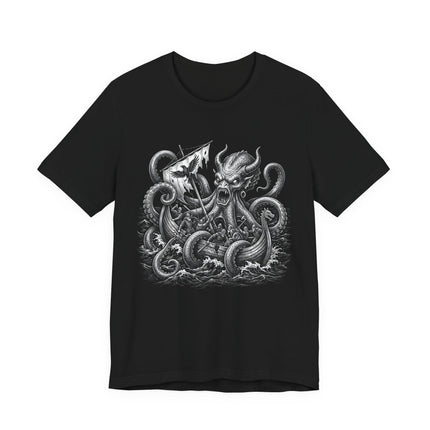 Norse Kraken and Viking battle graphic tee featuring a massive sea monster illustration.
