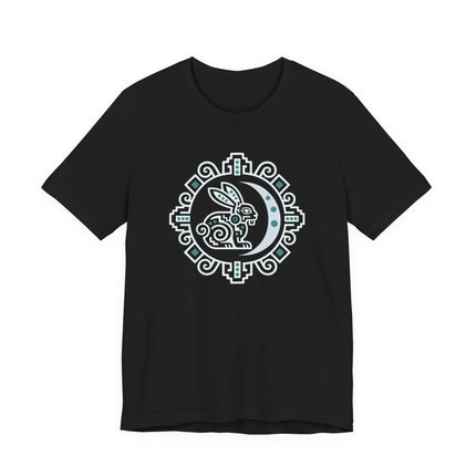 Mayan Rabbit Moon T-Shirt | White Crescent and Geometric Border Tee