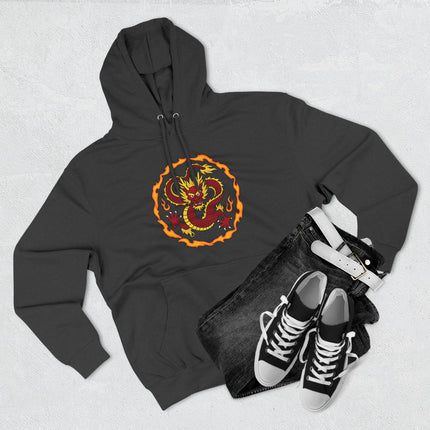 Fiery Chinese dragon graphic on a black hoodie, symbolizing power and good fortune.