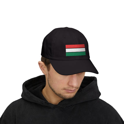 Black baseball cap featuring the embroidered Hungarian flag for national pride.