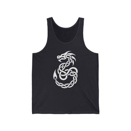 Black tank top featuring a white Celtic knotwork dragon symbol. Mythology apparel.