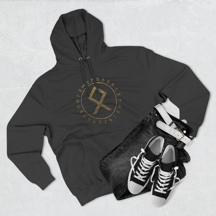 Black Othala rune hoodie featuring a gold Norse Futhark symbol circle design.