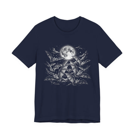 Full moon and flying bats gothic celestial graphic design on a dark t-shirt.
