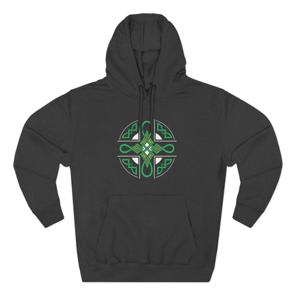 Green and gold Celtic knotwork symbol printed on a black unisex hoodie.