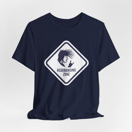 Headbanging Zone rock graphic t-shirt featuring a stylized headbanger silhouette design.