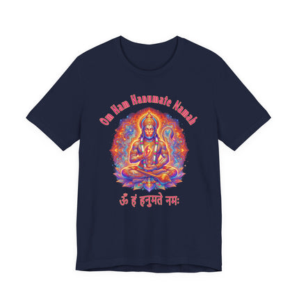 Vibrant Hanuman mandala graphic on a t-shirt with the Om Ham Hanumate Namah mantra.