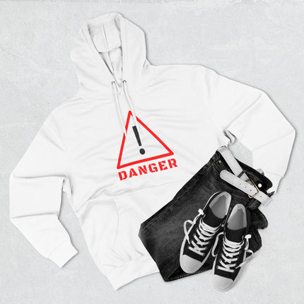 White pullover hoodie with a bold red DANGER warning sign graphic.