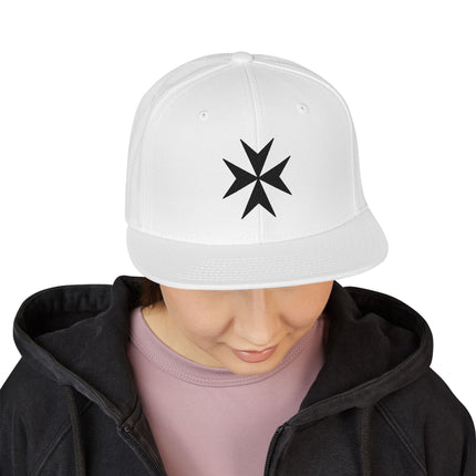 White snapback cap featuring a black embroidered Maltese Cross symbol.