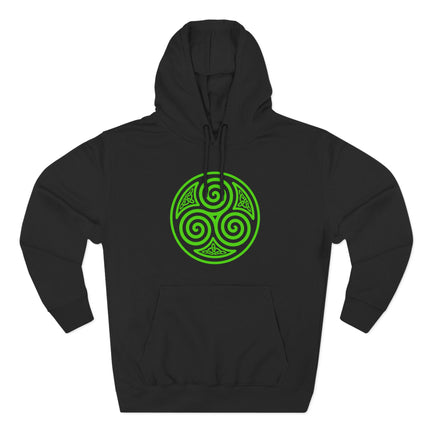 Black hoodie featuring a green Celtic triskelion symbol. Triple spiral design for spiritual and geometric wear.