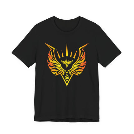 Black t-shirt featuring a fiery phoenix and valkyrie warrior emblem graphic.