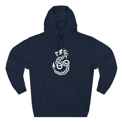 White Celtic knotwork dragon graphic on a navy blue pullover hoodie.