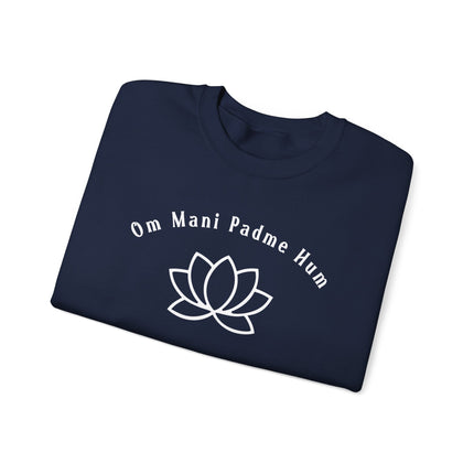 Om Mani Padme Hum mantra and lotus graphic on a dark blue spiritual sweatshirt.