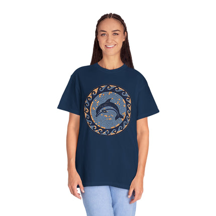 Dolphin Mosaic Art T-Shirt | Blue Marine Sea Life Greek Key Design