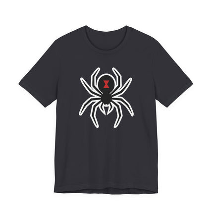Black Widow spider graphic tee. Minimalist white and red arachnid design on a dark shirt.
