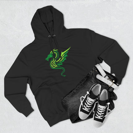 Green Celtic knotwork dragon graphic printed on a black pullover hoodie.