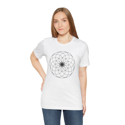 White t-shirt featuring a sacred geometry flower of life print.