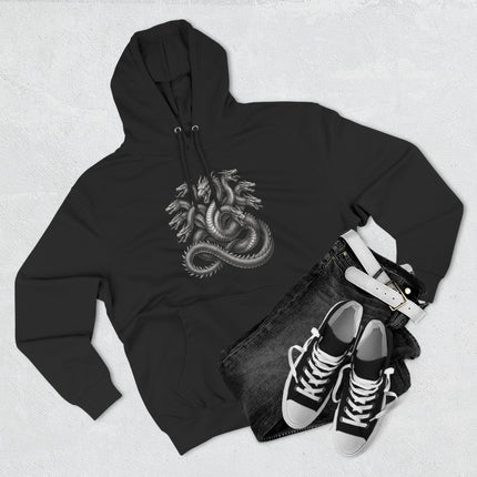 Multi-headed Hydra serpent graphic on a black unisex Greek mythology hoodie.