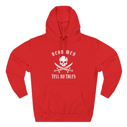 Red hoodie featuring the "Dead Men Tell No Tales" skull and crossed swords graphic.