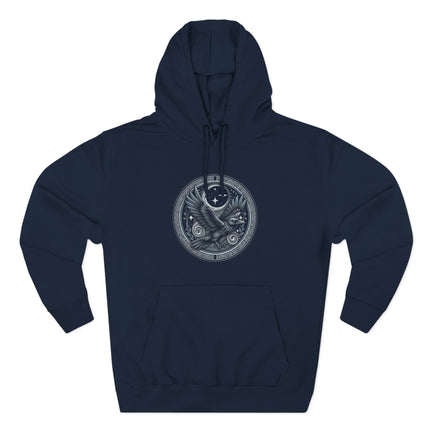 Norse raven and moon circular graphic on a dark blue pullover hoodie.