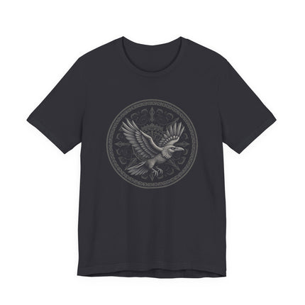 Viking raven t-shirt featuring Norse mythology and Celtic knotwork art.