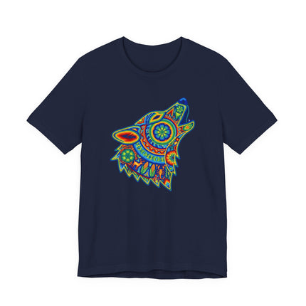 Geometric tribal howling wolf graphic tee featuring colorful mosaic folk art.