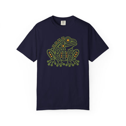 Aztec Frog T-Shirt | Green Geometric Amphibian with Gold Accents Tee