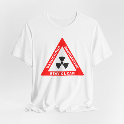 Red radioactive warning sign graphic on a white tee, featuring a nuclear symbol and "Stay Clear.