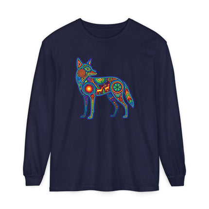 Huichol Coyote Long Sleeve T-Shirt | Multicolor Animal Art Tee