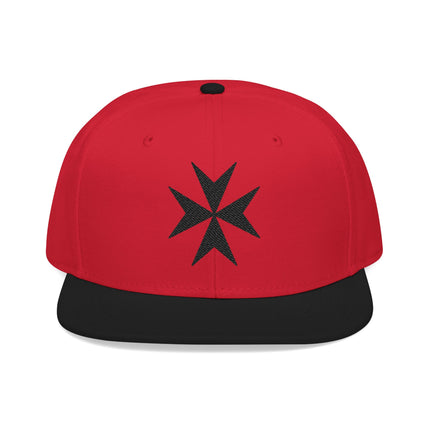 Red snapback cap featuring a black embroidered Maltese Cross symbol.