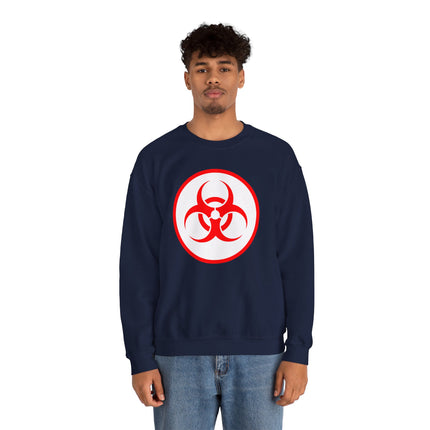 Black pullover sweatshirt with a red biohazard warning symbol graphic print.