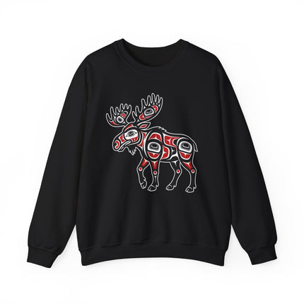 Northwest Coast Formline Art moose graphic on a black pullover sweatshirt.