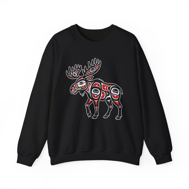 Northwest Coast Formline Art moose graphic on a black pullover sweatshirt.
