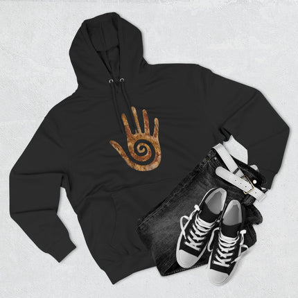 Black hoodie featuring the Hopi healing hand symbol with a protective spiral design.