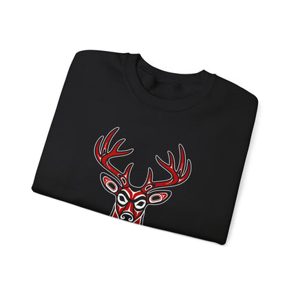 Red and black tribal art deer head graphic on an indigenous style pullover sweatshirt.