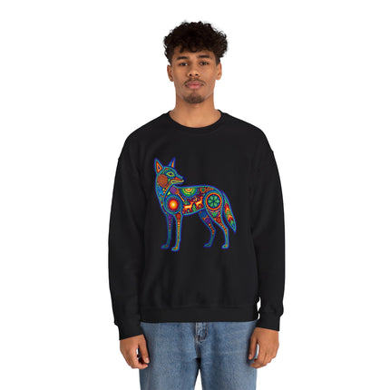 Black sweatshirt featuring vibrant Huichol coyote art. Mexican folk style indigenous animal print.