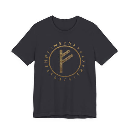 Norse Fehu rune t-shirt with golden knotwork and the full Elder Futhark circle design.