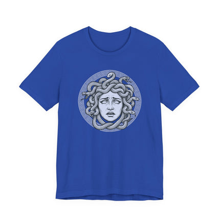 Medusa Gorgon head graphic tee featuring snakes and Greek mythology design on a blue shirt.