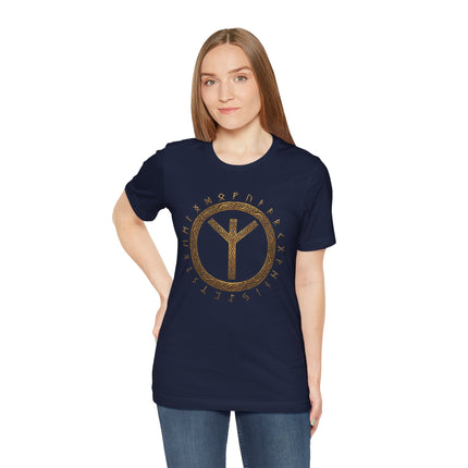 Algiz rune and Elder Futhark circle graphic tee in navy blue.