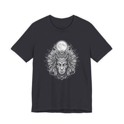 Lunar Deity Portrait Tee - Tribal Moon Mask Graphic Art T-Shirt